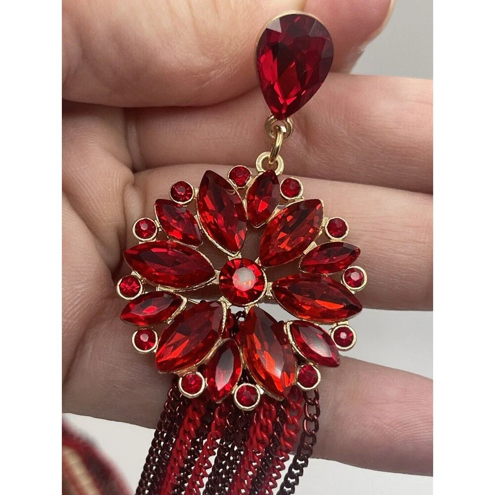 Angelix Beauty Red Rhinestone Chain Tassel Statement Earrings New